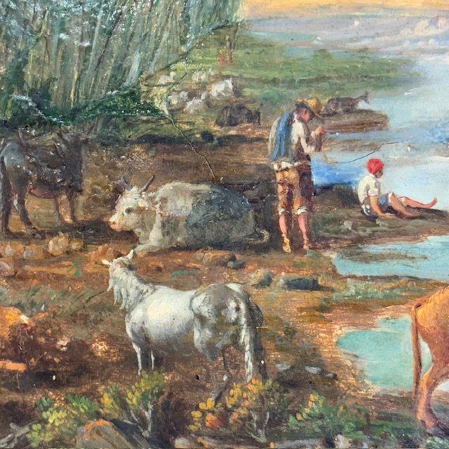 Peinture à l'huile sur panneau de la fin du XVIIIe siècle dans un cadre ancien. Paysage avec vaches au pâturage. 50 x