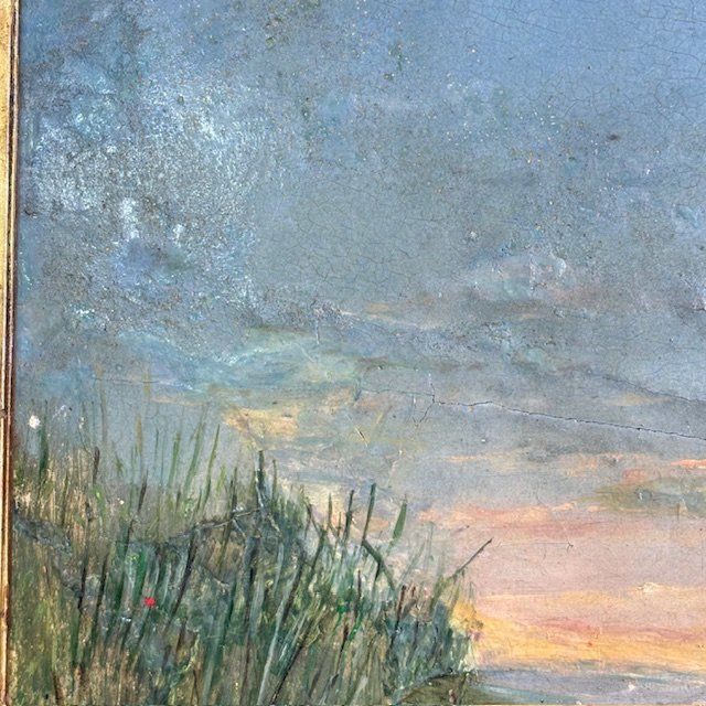 Peinture à l'huile sur panneau de la fin du XVIIIe siècle dans un cadre ancien. Paysage avec vaches au pâturage. 50 x