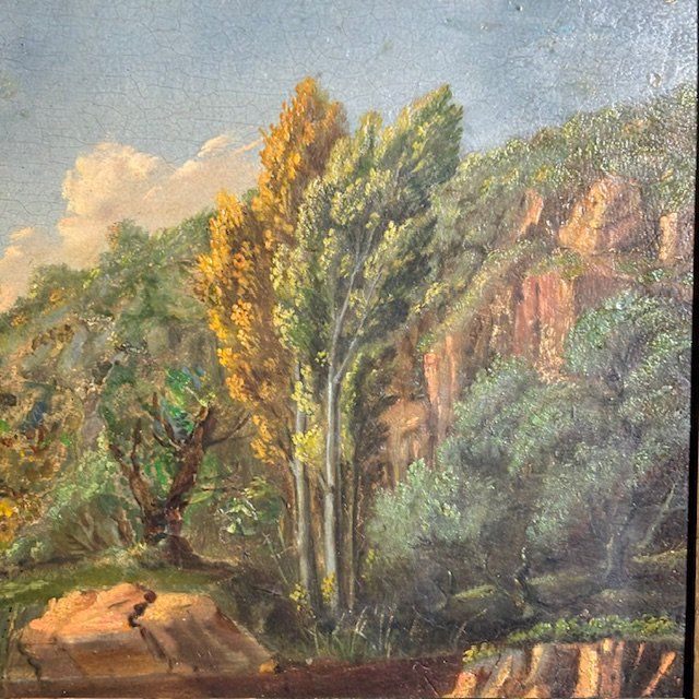 Peinture à l'huile sur panneau de la fin du XVIIIe siècle dans un cadre ancien. Paysage avec vaches au pâturage. 50 x