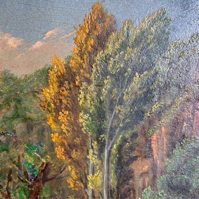 Peinture à l'huile sur panneau de la fin du XVIIIe siècle dans un cadre ancien. Paysage avec vaches au pâturage. 50 x