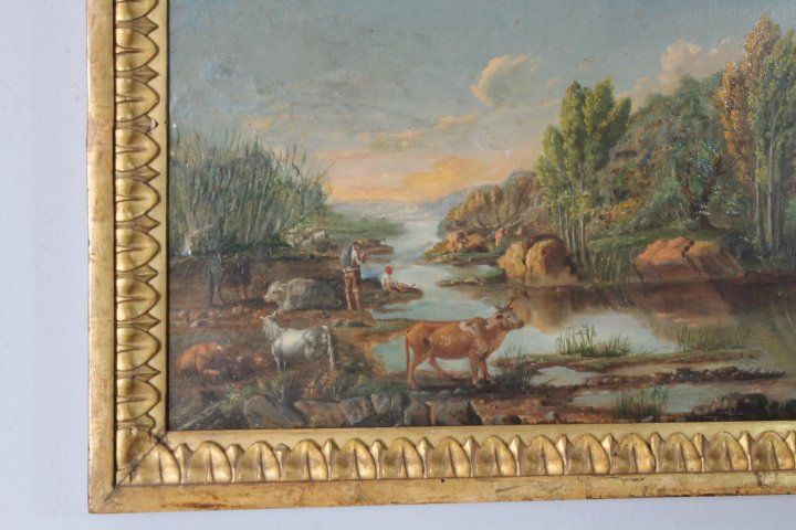 Peinture à l'huile sur panneau de la fin du XVIIIe siècle dans un cadre ancien. Paysage avec vaches au pâturage. 50 x