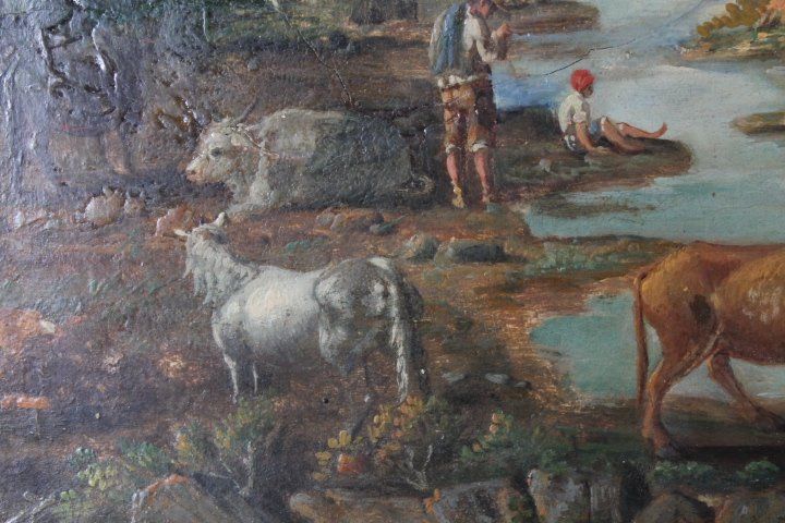 Peinture à l'huile sur panneau de la fin du XVIIIe siècle dans un cadre ancien. Paysage avec vaches au pâturage. 50 x