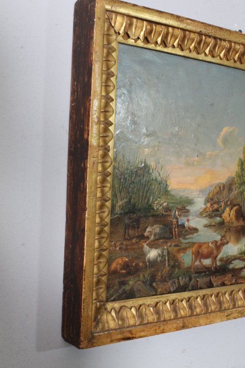 Peinture à l'huile sur panneau de la fin du XVIIIe siècle dans un cadre ancien. Paysage avec vaches au pâturage. 50 x