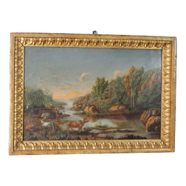Peinture à l'huile sur panneau de la fin du XVIIIe siècle dans un cadre ancien. Paysage avec vaches au pâturage. 50 x