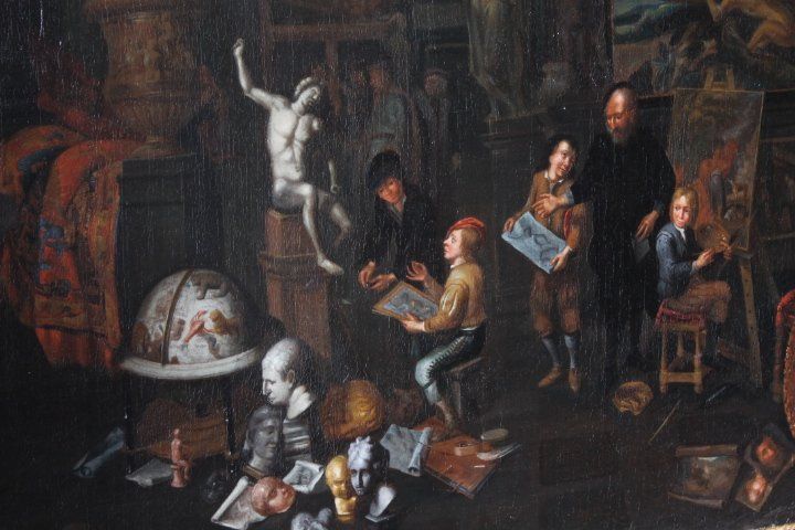 Ancienne peinture à l'huile flamande sur toile "atelier d'artista". 17ème siècle. Excellente qualité. Mis