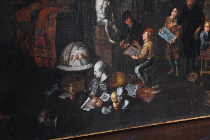 Ancienne peinture à l'huile flamande sur toile "atelier d'artista". 17ème siècle. Excellente qualité. Mis