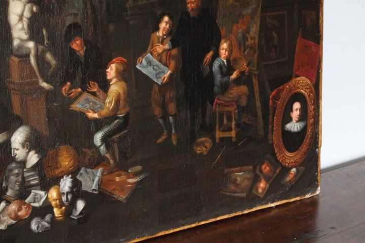 Ancienne peinture à l'huile flamande sur toile "atelier d'artista". 17ème siècle. Excellente qualité. Mis