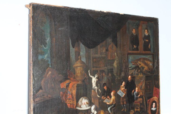 Ancienne peinture à l'huile flamande sur toile "atelier d'artista". 17ème siècle. Excellente qualité. Mis