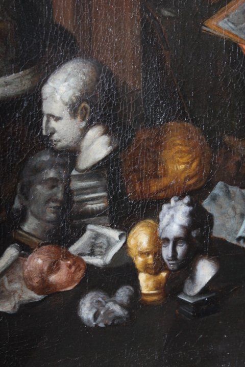 Ancienne peinture à l'huile flamande sur toile "atelier d'artista". 17ème siècle. Excellente qualité. Mis
