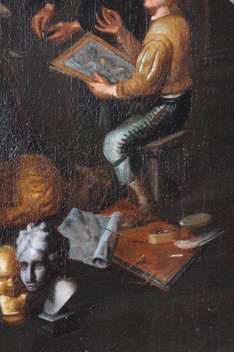 Ancienne peinture à l'huile flamande sur toile "atelier d'artista". 17ème siècle. Excellente qualité. Mis