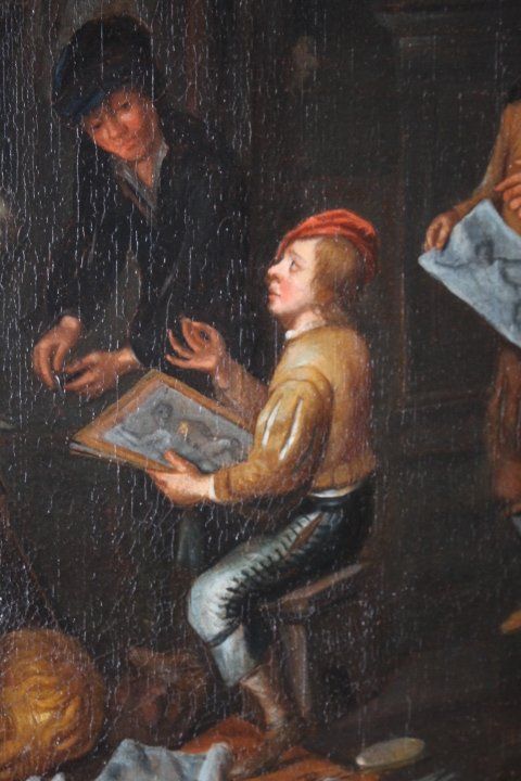 Ancienne peinture à l'huile flamande sur toile "atelier d'artista". 17ème siècle. Excellente qualité. Mis