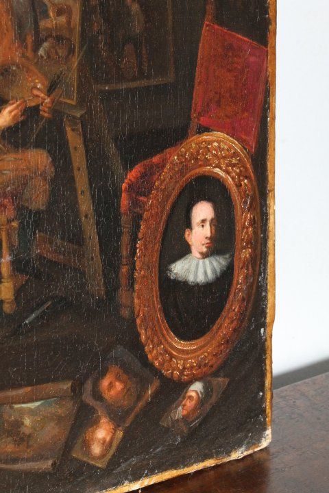 Ancienne peinture à l'huile flamande sur toile "atelier d'artista". 17ème siècle. Excellente qualité. Mis
