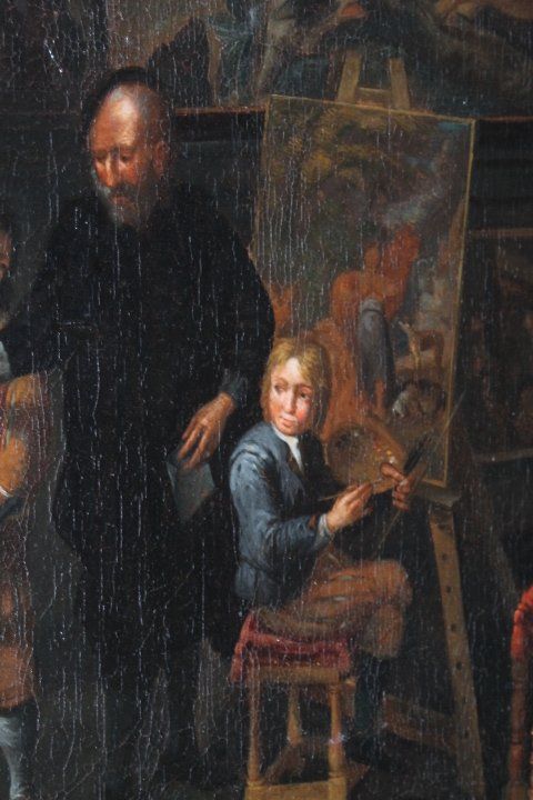 Ancienne peinture à l'huile flamande sur toile "atelier d'artista". 17ème siècle. Excellente qualité. Mis