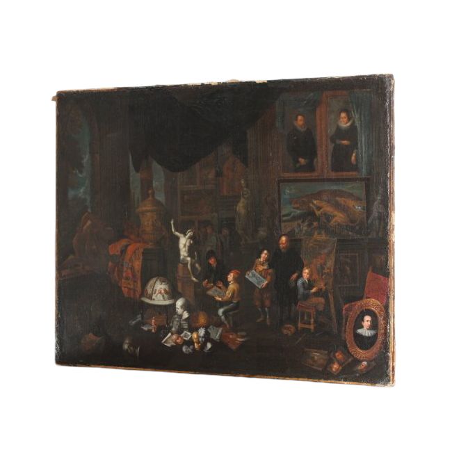 Ancienne peinture à l'huile flamande sur toile "atelier d'artista". 17ème siècle. Excellente qualité. Mis