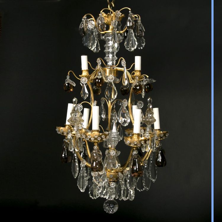 Lampadario a gabbia di frutta, cristallo molato e bronzo dorato, XIX secolo