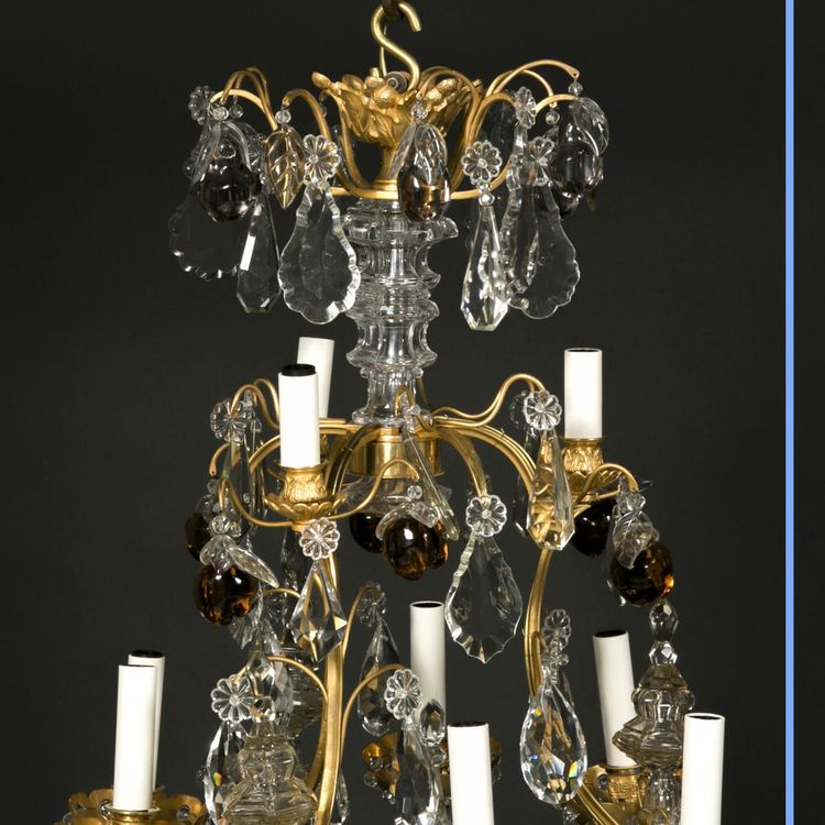 Lampadario a gabbia di frutta, cristallo molato e bronzo dorato, XIX secolo