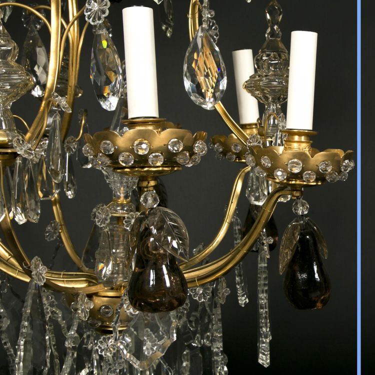 Lampadario a gabbia di frutta, cristallo molato e bronzo dorato, XIX secolo