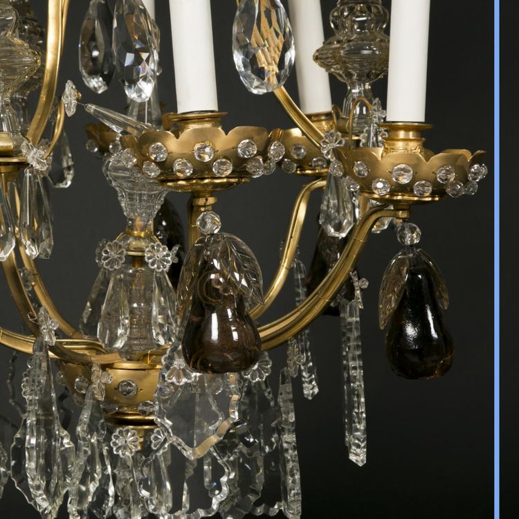 Lampadario a gabbia di frutta, cristallo molato e bronzo dorato, XIX secolo