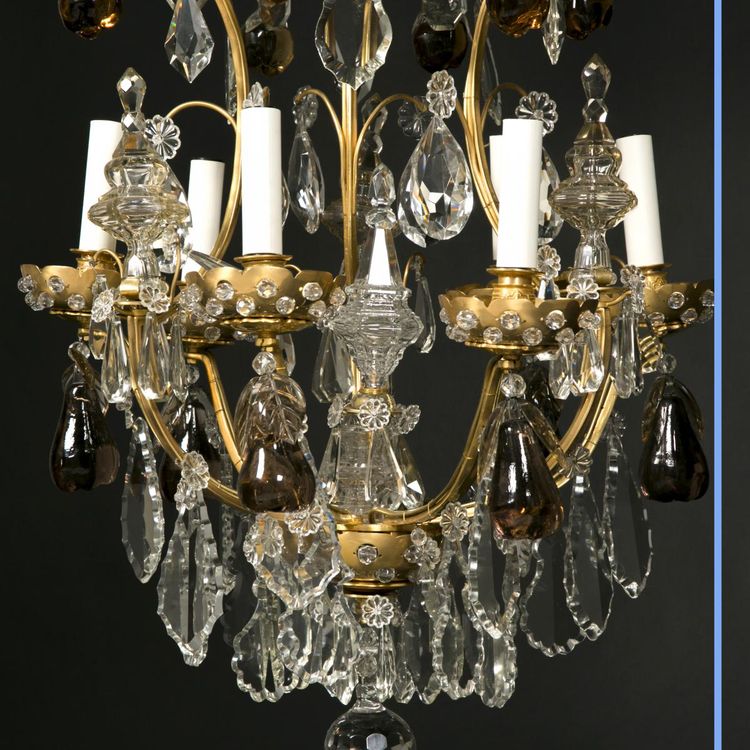 Lampadario a gabbia di frutta, cristallo molato e bronzo dorato, XIX secolo