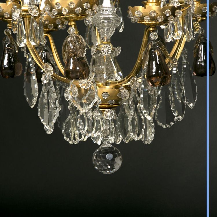 Lampadario a gabbia di frutta, cristallo molato e bronzo dorato, XIX secolo