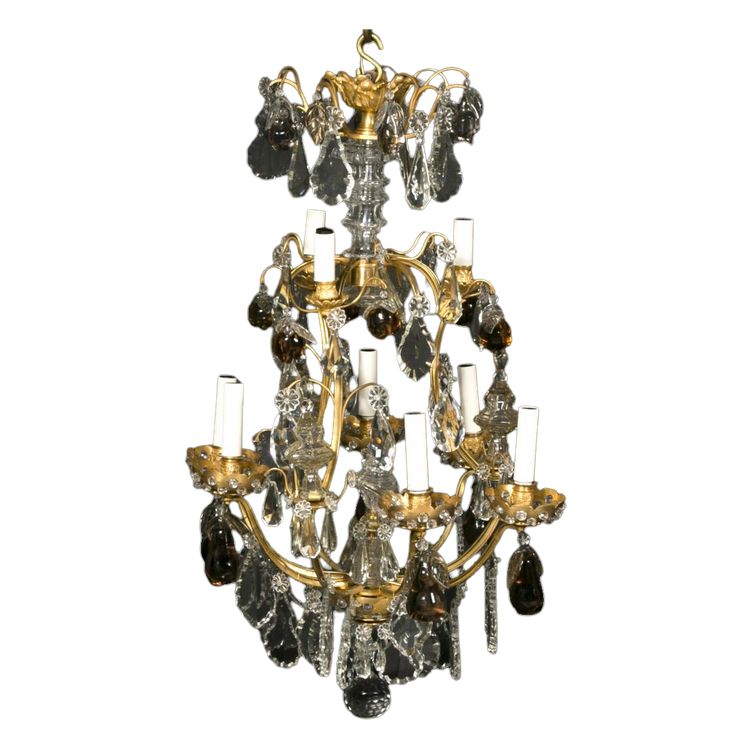 Lampadario a gabbia di frutta, cristallo molato e bronzo dorato, XIX secolo
