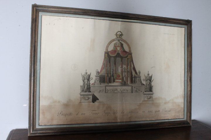 Antike Zeichnung aus dem frühen 19. Jahrhundert "Kaiserthron", prospektive Studie für ein großes Quadrat. Maßnahme 105 x 74