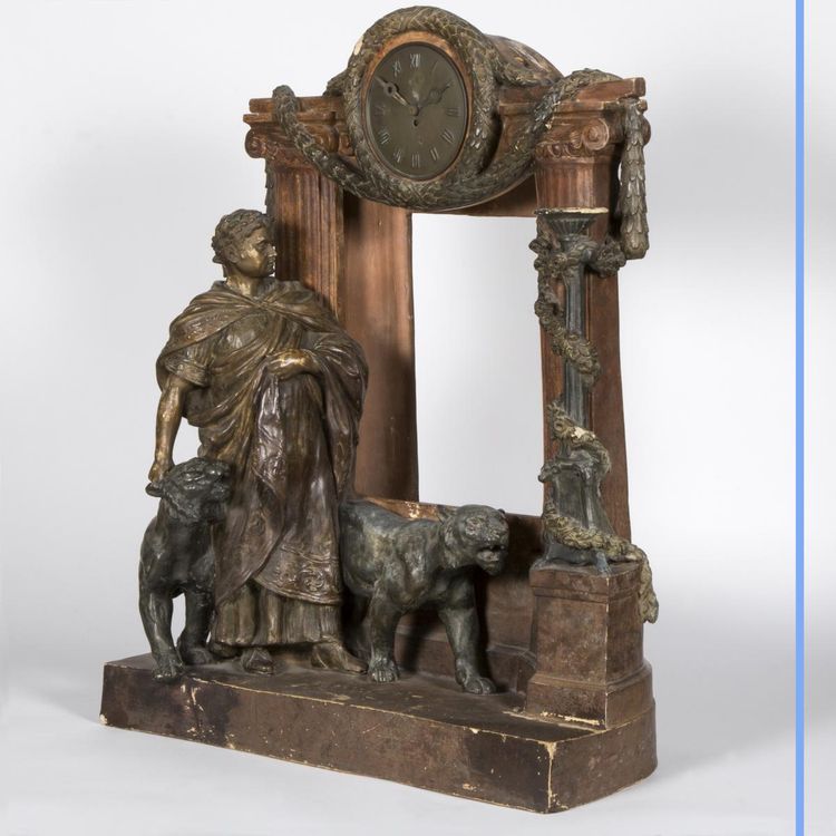 Painted terracotta clock "Caesar and two lions", 20th century