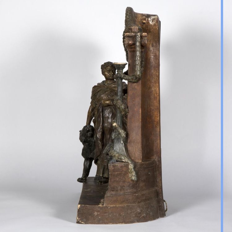 Painted terracotta clock "Caesar and two lions", 20th century