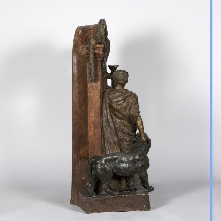 Painted terracotta clock "Caesar and two lions", 20th century