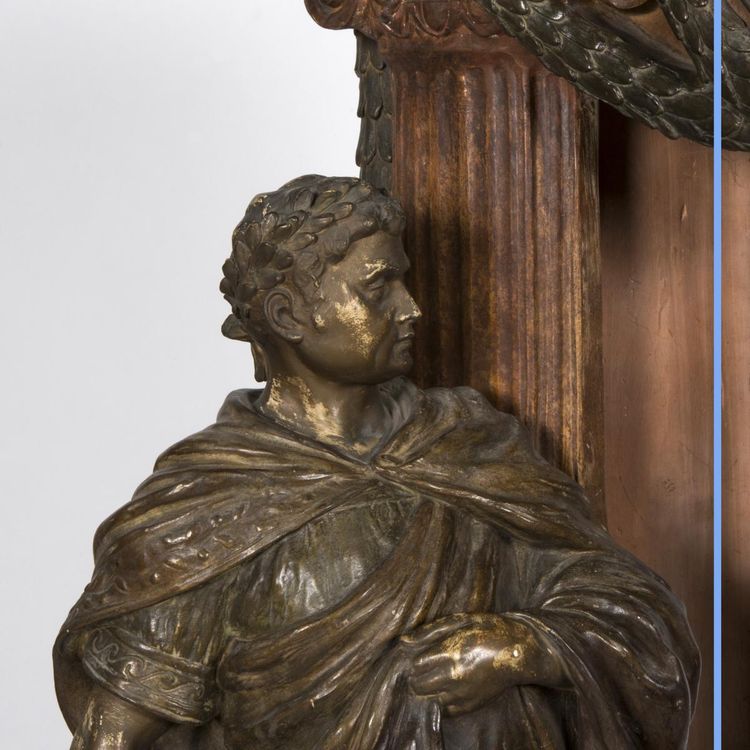 Painted terracotta clock "Caesar and two lions", 20th century