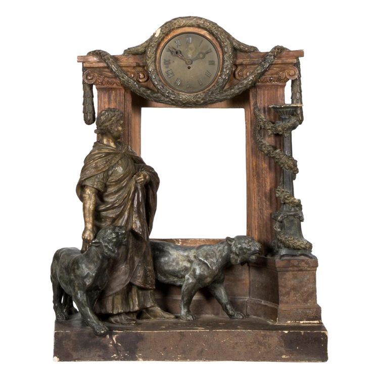 Painted terracotta clock "Caesar and two lions", 20th century