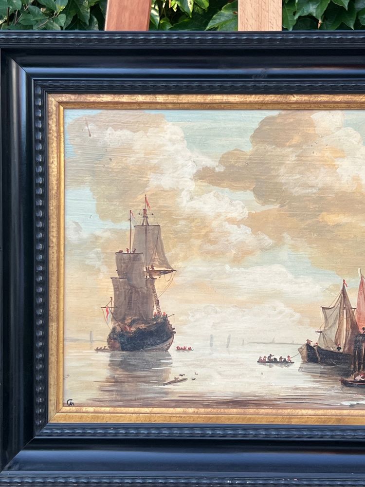 Marine animée au coucher du soleil – École hollandaise, XIXe siècle