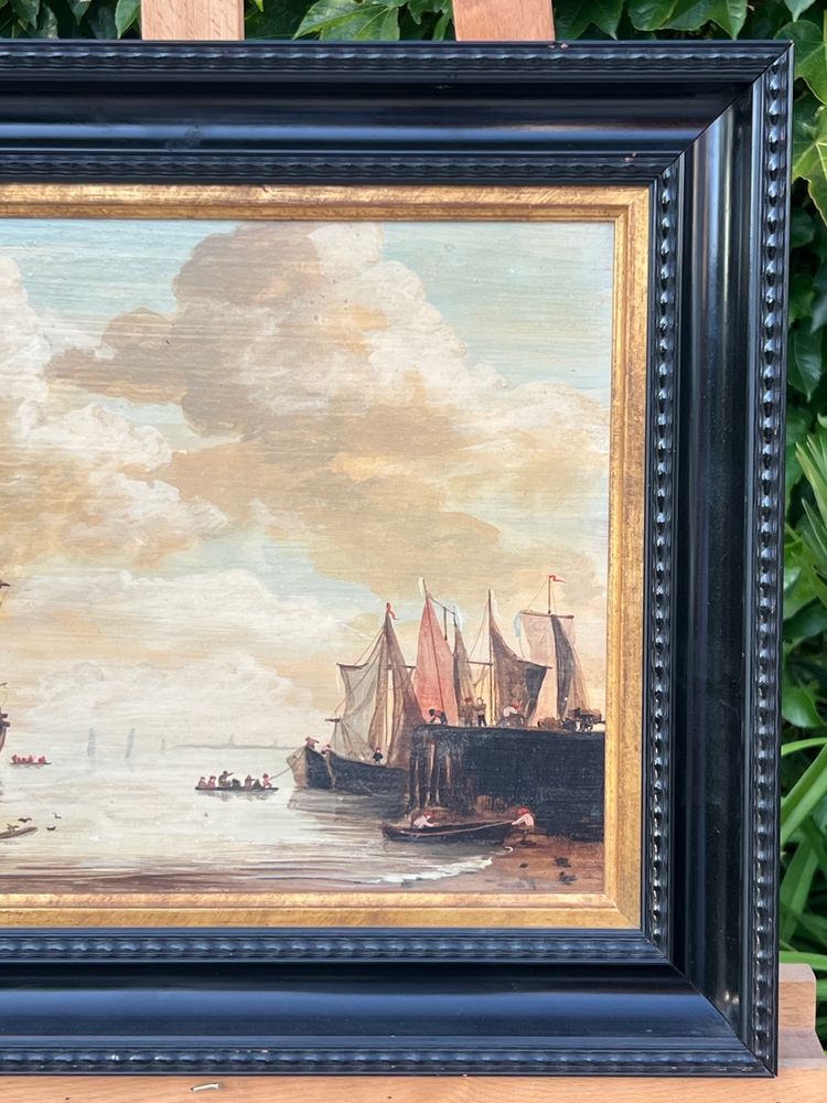 Marine animée au coucher du soleil – École hollandaise, XIXe siècle