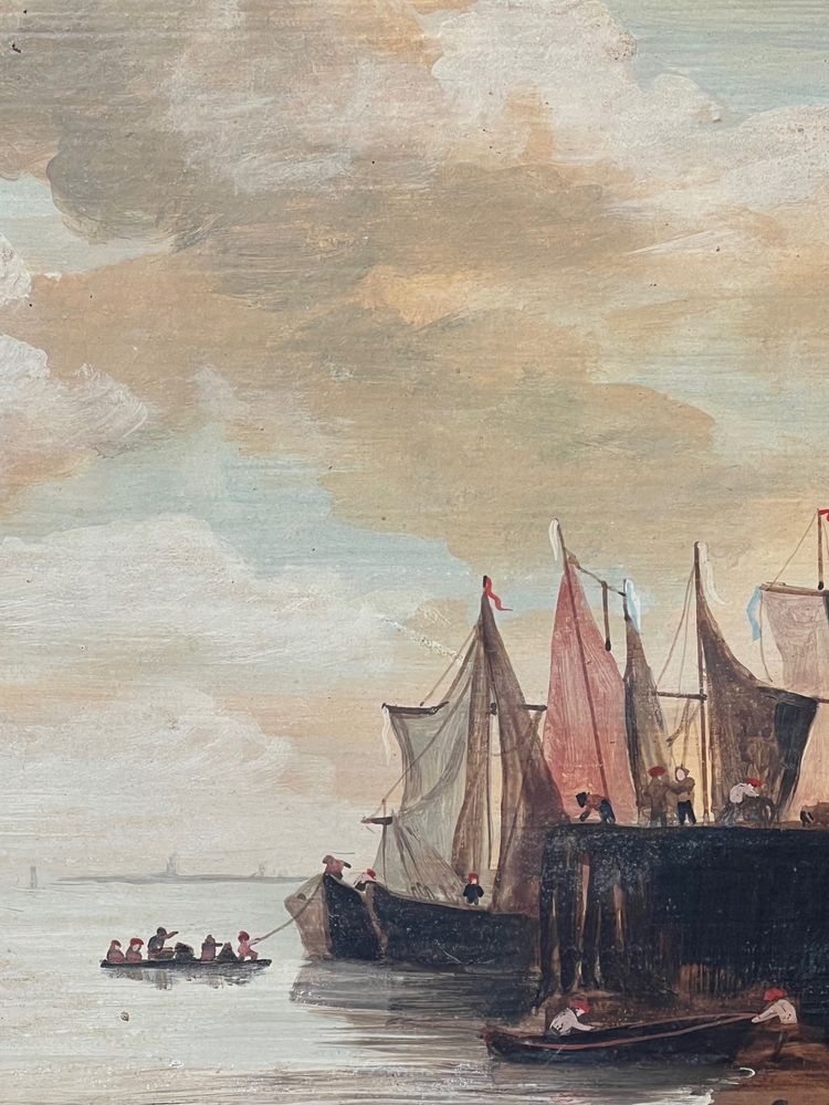 Marine animée au coucher du soleil – École hollandaise, XIXe siècle