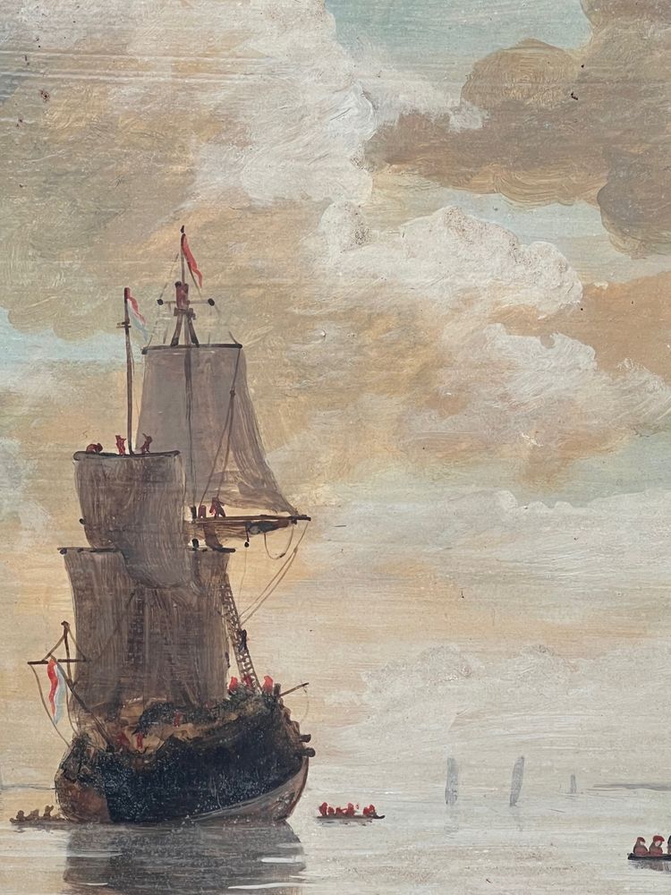 Marine animée au coucher du soleil – École hollandaise, XIXe siècle