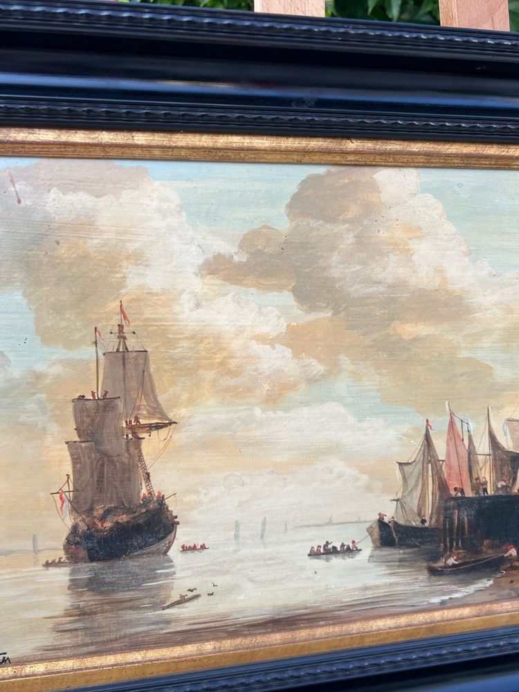 Marine animée au coucher du soleil – École hollandaise, XIXe siècle