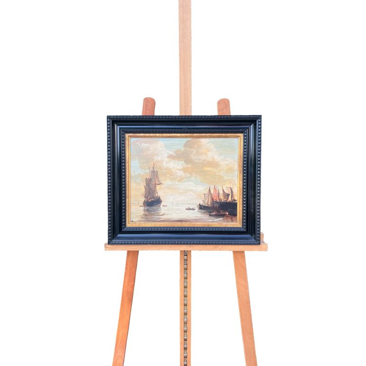 Marine animée au coucher du soleil – École hollandaise, XIXe siècle