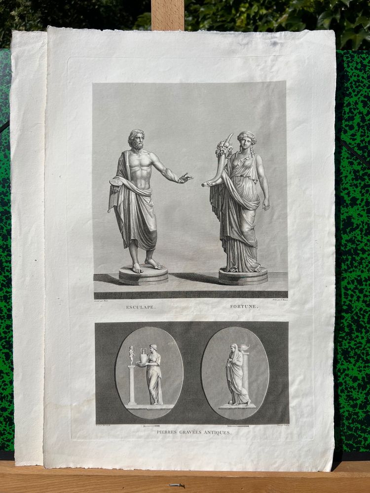 Vellum etching, Aesculapius, Fortune, Sacrifice and Polyxena, Antique statues