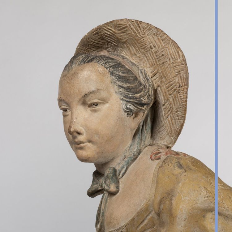 Paire de sculptures en terre cuite sur deux colonnes en bois peint en trompe-l'oeil, XIXe