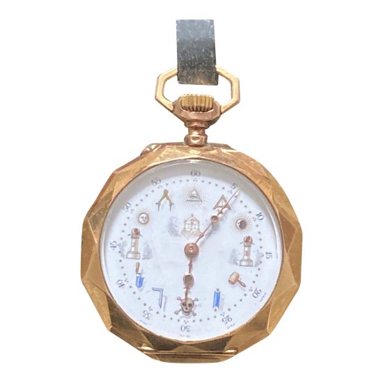 Gold watch with double case, elegant dial with Masonic symbols