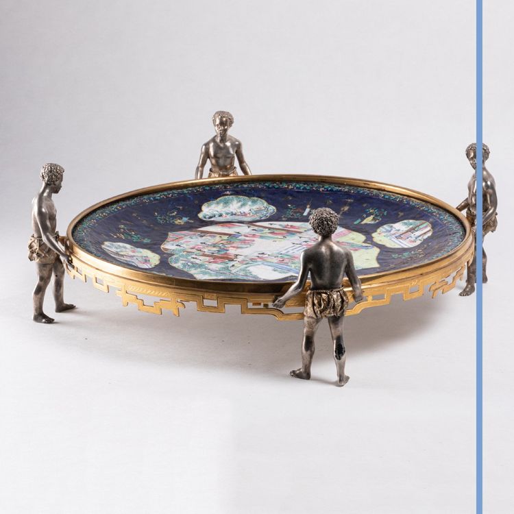 Canton polychrome enamel tray adorned with a gilt bronze and silver mount, 19th century