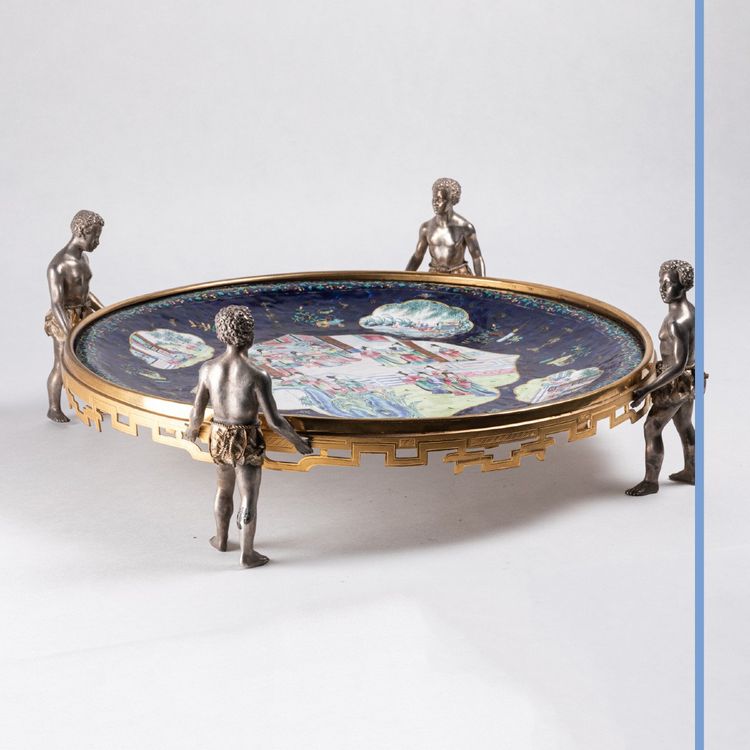 Canton polychrome enamel tray adorned with a gilt bronze and silver mount, 19th century
