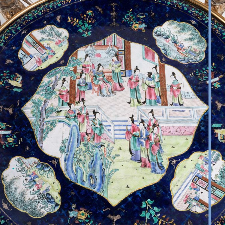 Canton polychrome enamel tray adorned with a gilt bronze and silver mount, 19th century