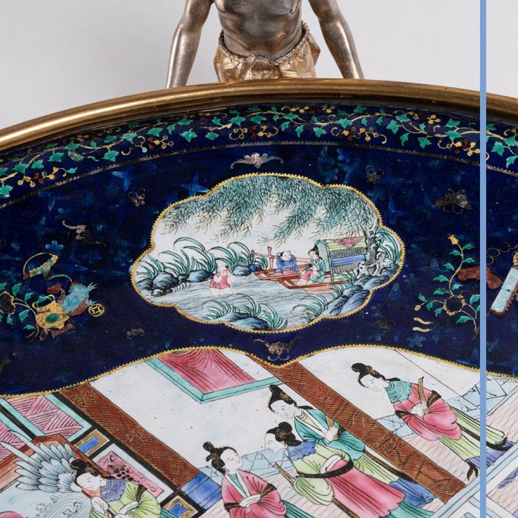 Canton polychrome enamel tray adorned with a gilt bronze and silver mount, 19th century