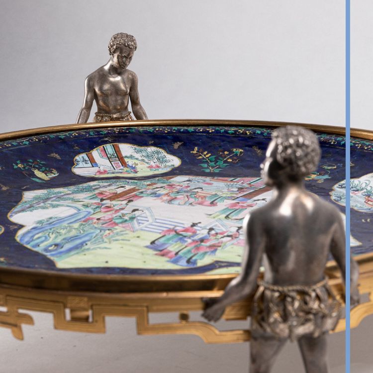 Canton polychrome enamel tray adorned with a gilt bronze and silver mount, 19th century