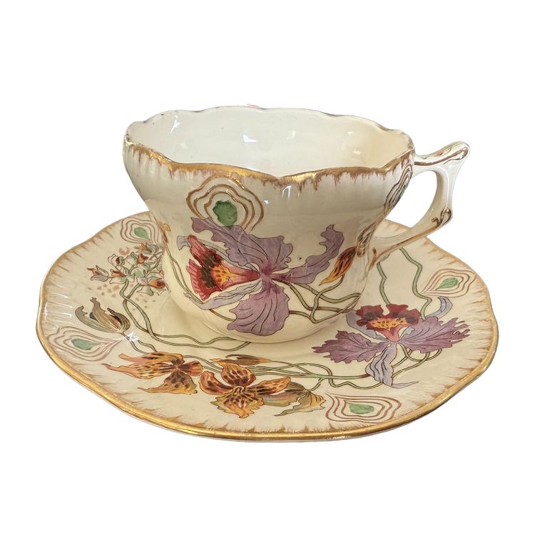 RARE and MAGNIFICENT Sarreguemines decorated with Orchids, Tea cup and saucer (3)