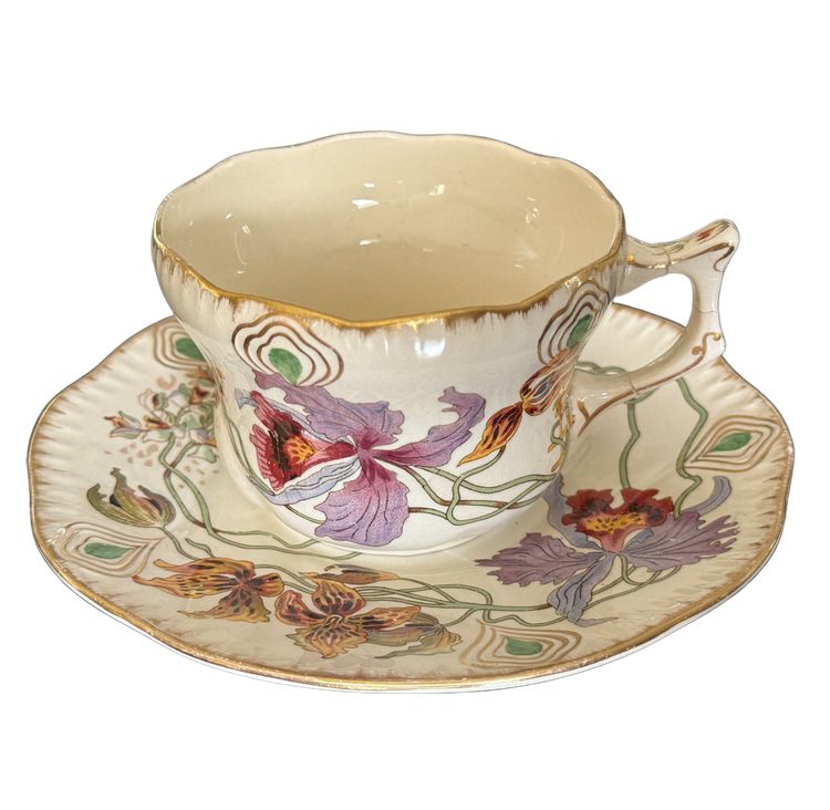RARE et JOLIE Sarreguemines decor Orchids, Tea cup and saucer (4)