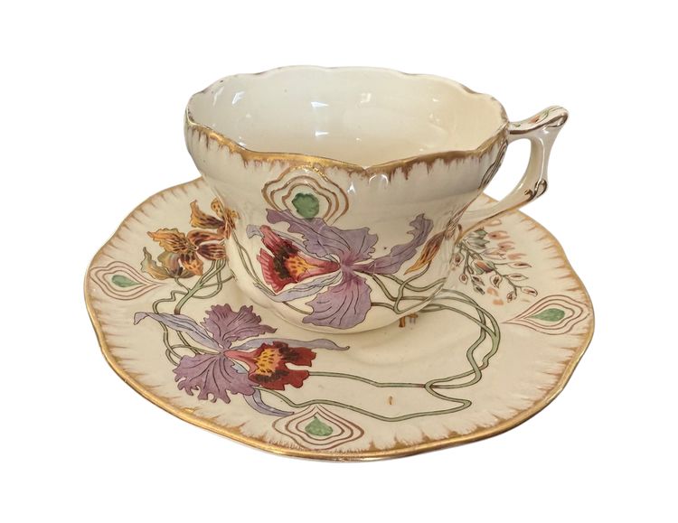 RARE and MAGNIFICENT Sarreguemines decorated with Orchids, Tea (or chocolate) cup and saucer (1)