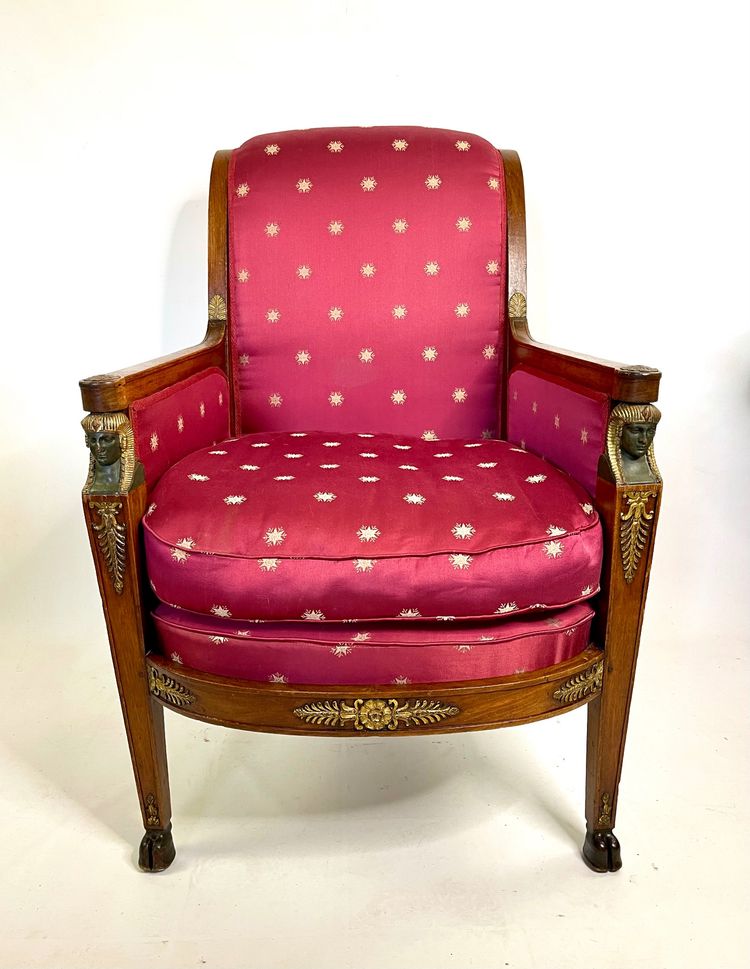 Empire-style square armchair with carved Egyptian figures, attributable to a Paris workshop