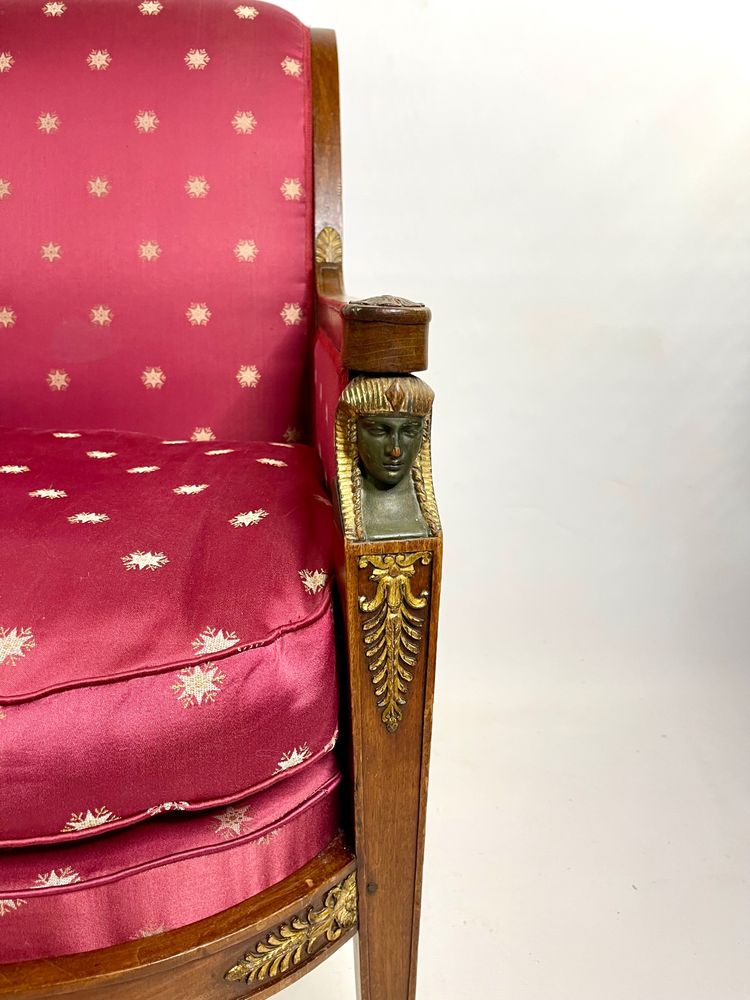 Empire-style square armchair with carved Egyptian figures, attributable to a Paris workshop